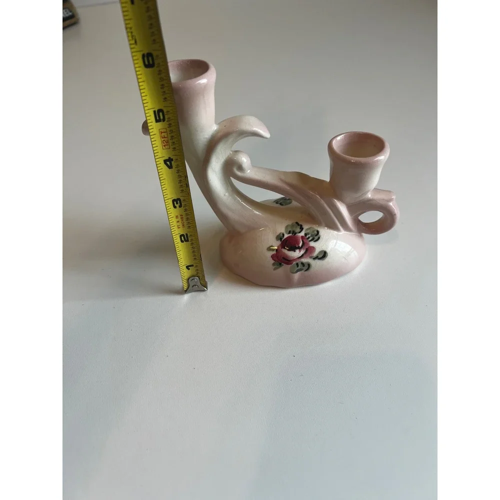 Vintage Camark Ceramic Double Candle Holders Pink Floral Rose  Pair‎